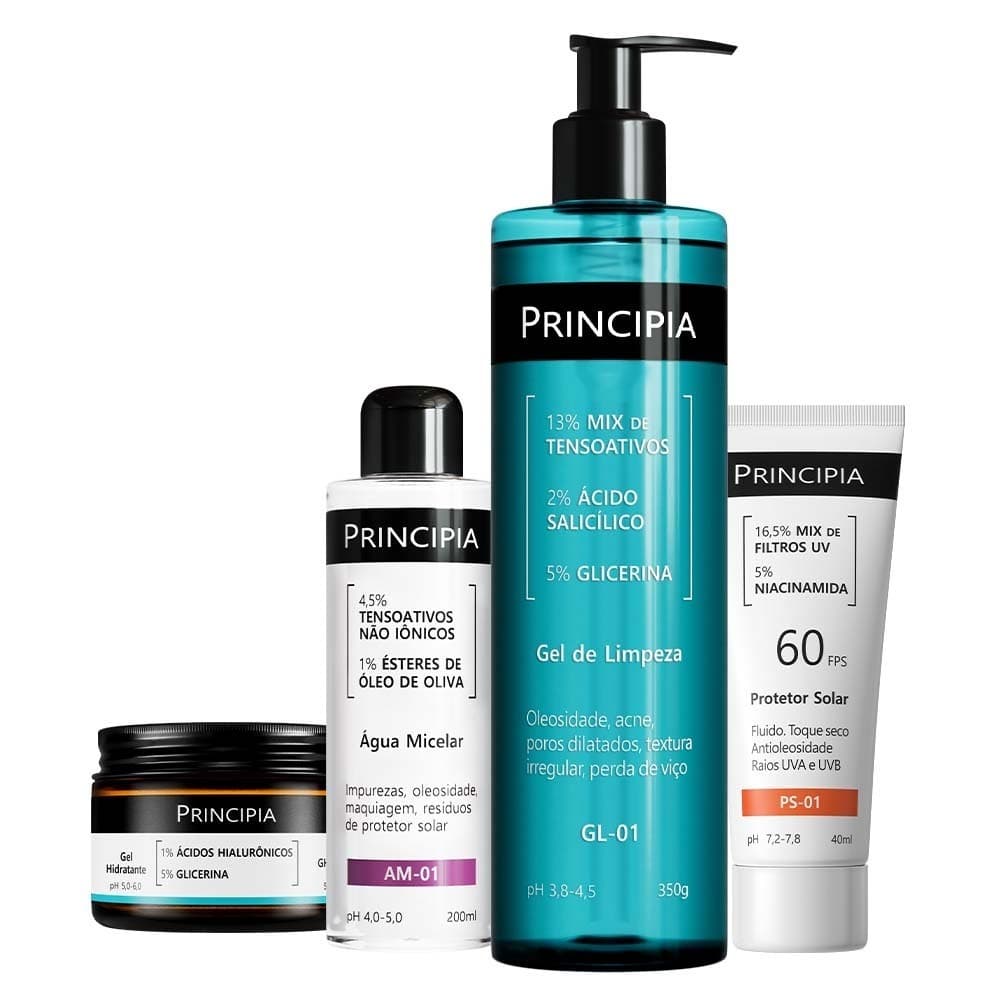 Principia Kit Peles Oleosas c/ Gel de Limpeza GL-01 + Água Micelar AM-01 + Gel Hidratante GH-01 + Protetor PS01 FPS 60