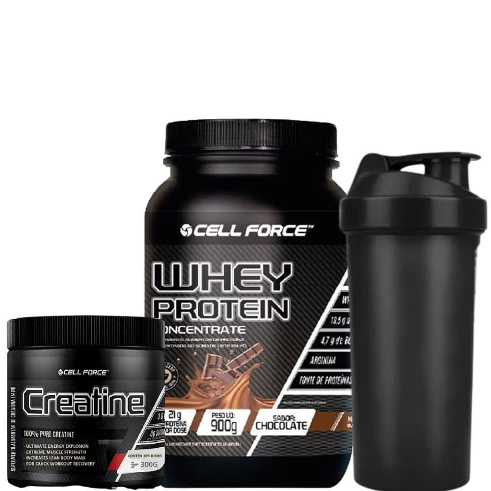 KIT WHEY PROTEIN CONCENTRADO CELL FORCE 900GR CHOCOLATE + CREATINA 300G + COQUETELEIRA