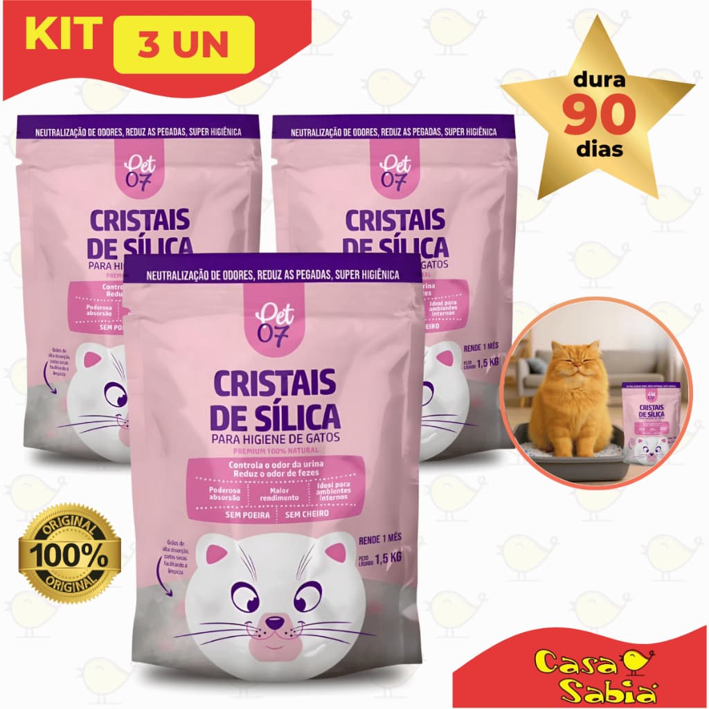 Areia Sílica Sanitária p/ Gatos PET07 Original Premium - C/ 3, 4 ou 5 un. Dura Mais e Reduz Odor