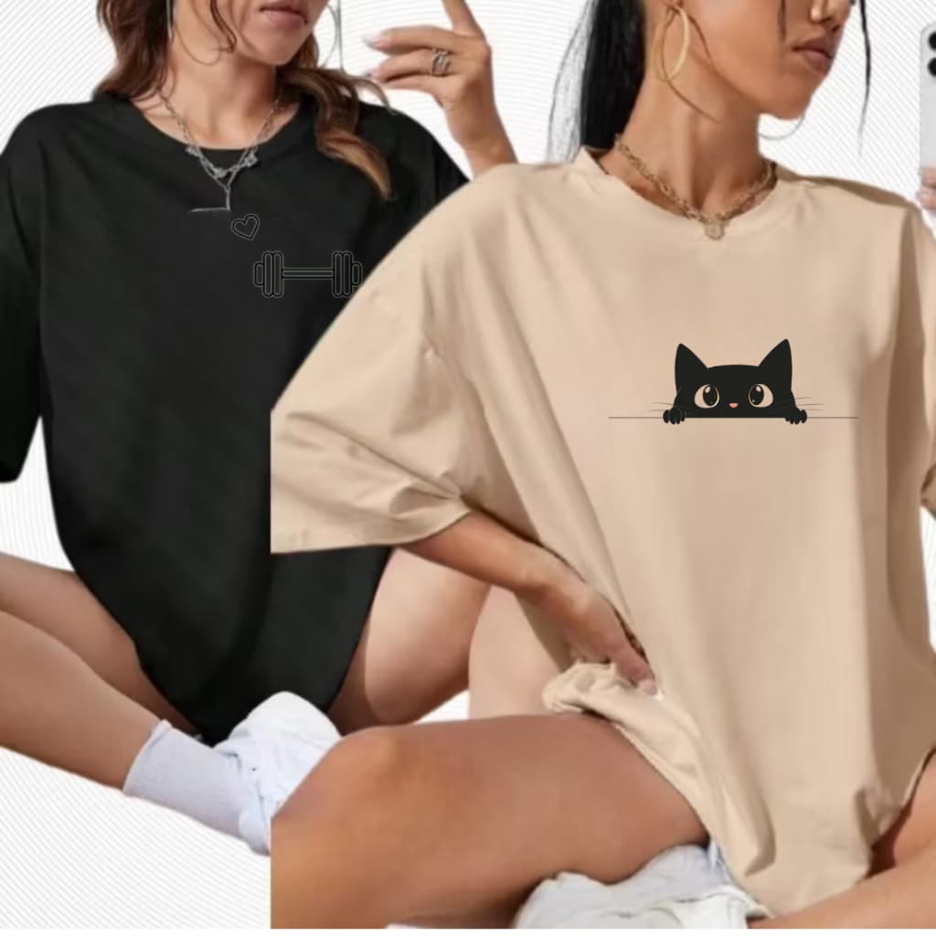 Kit 2 Camisetão Feminina Streetwear Oversized Halter Gatinho 100% Algodão Gym Academia