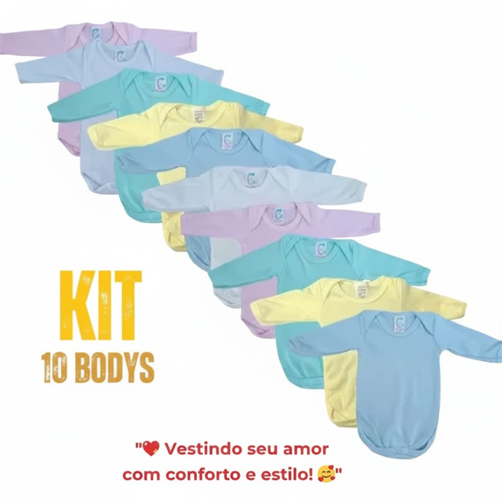 Kit Body Bebê 10 Peças Manga Longa Canelado Enxoval RN ao G Menino Menina Roupa de Bebê