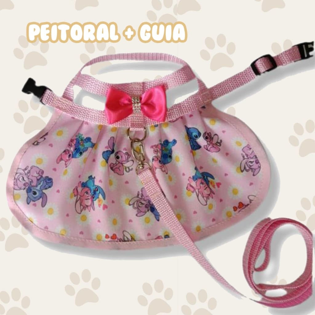 Coleira Peitoral com Guia Saia Vestido Luxo PET Cachorro Gato Coelho Tamanhos 0,1,2,3 e 4.