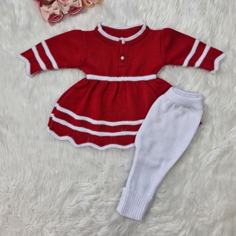Vestido e calça menina bebê saída maternidade trico confortável Conjunto