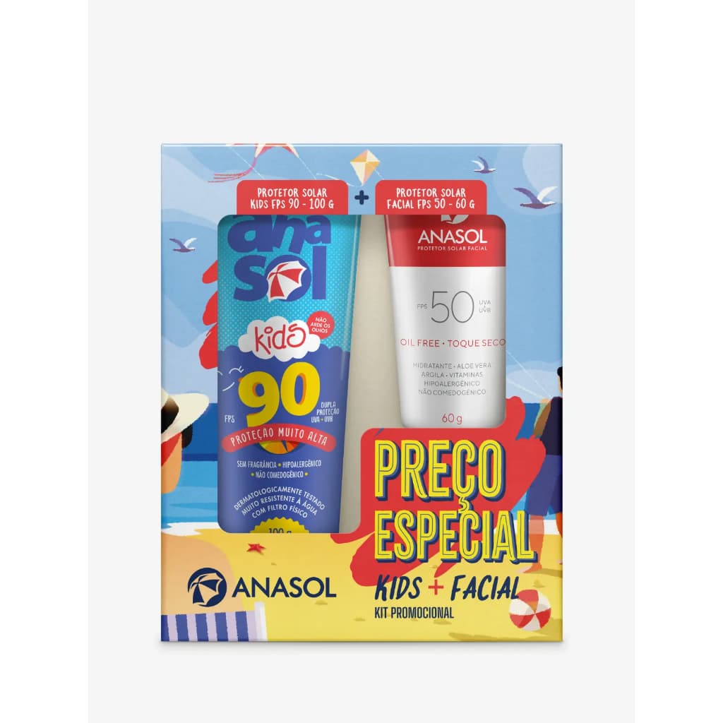 Kit Protetor Solar Facial Anasol FPS 50 60g + Protetor Infantil FPS 90 Resistente a Agua 100g