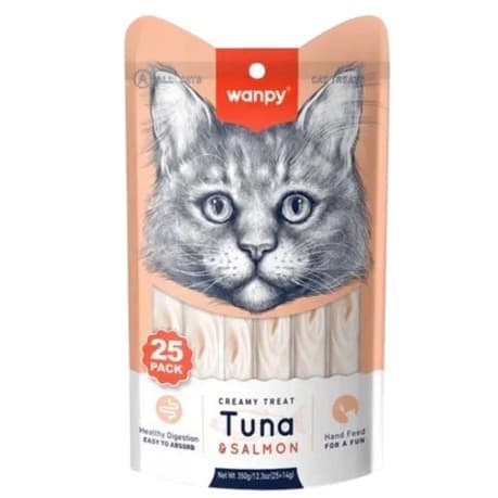 Petisco Creamy para Gatos Sabor Atum e Salmão 25un 350g - Wanpy Snack Cremoso Recompensa Saudável