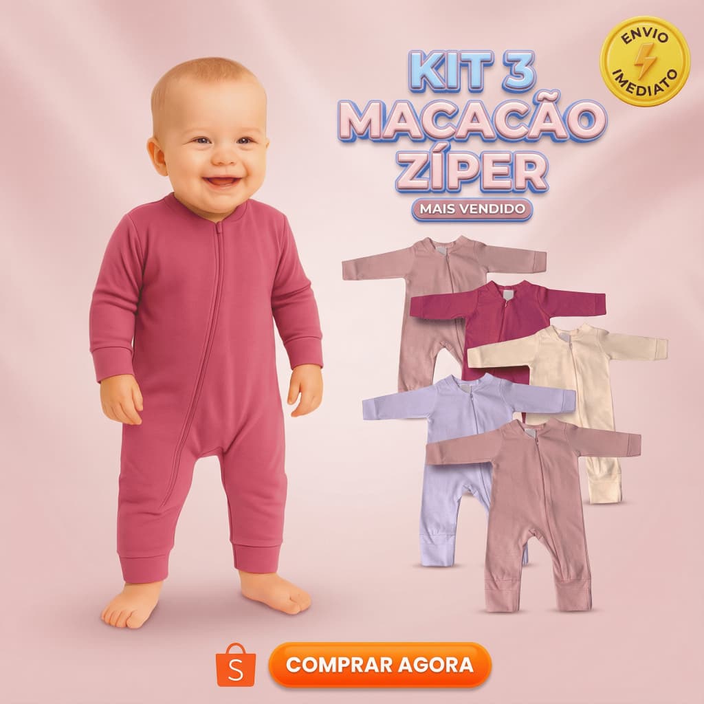 Kit 3 Macacão Bebê Menina com Zíper Roupa de Bebê Menina Macacão RN Menina Macacão Recém Nascido
