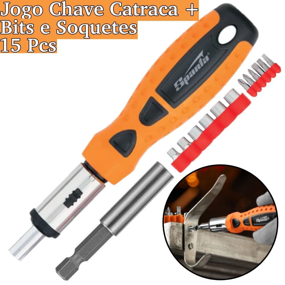 Jogo Chave Catraca Reversível + Bits + Soquetes  c/15 Peças SPARTA 1155655