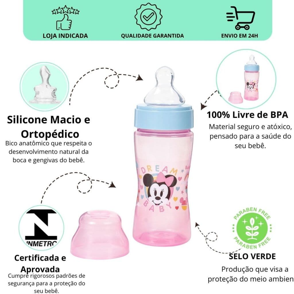 Mamadeira 270ml Disney Minnie Rosa – Bico silicone Macio e Tampa Higiênic para Bebês menina
