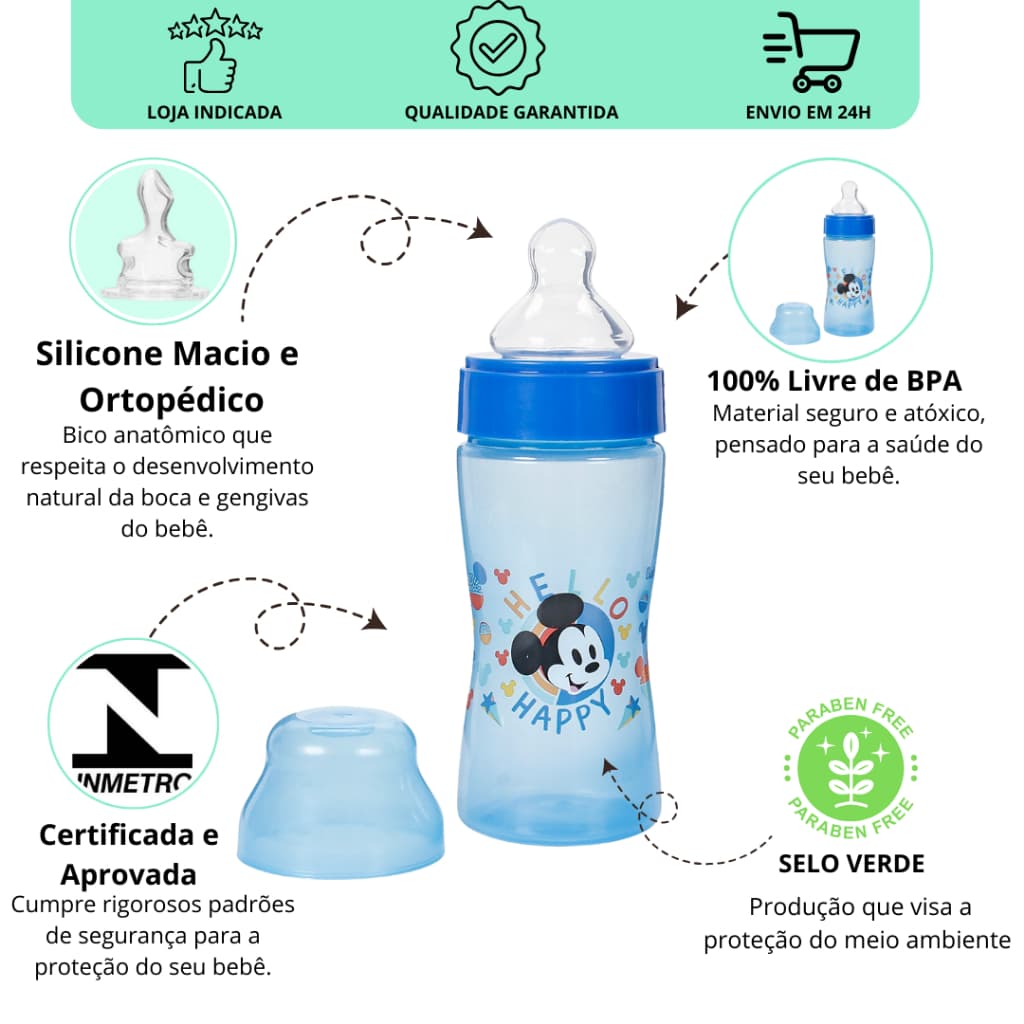 Mamadeira 270ml baby Disney Mickey azul – Bico Macio e Tampa Higiênica 6 + meses  para Bebê