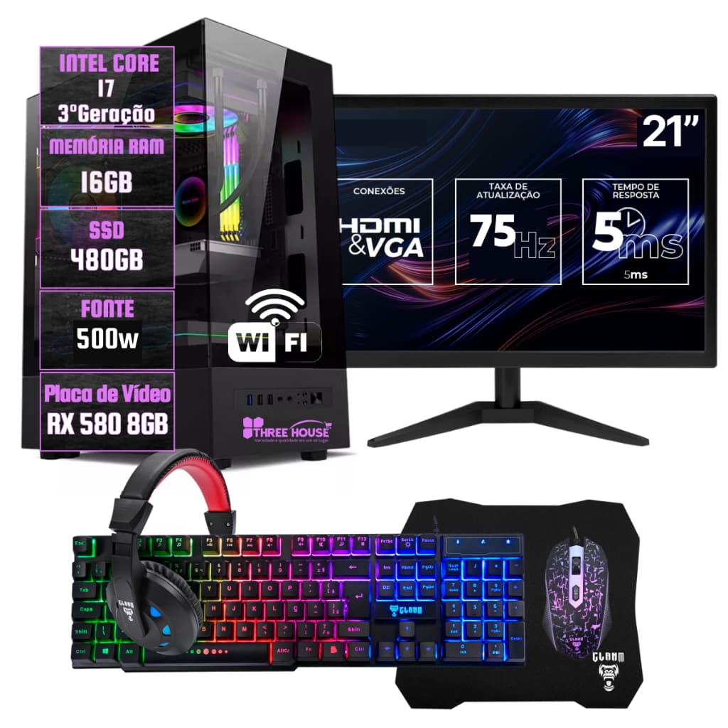 PC Gamer Intel i7, 16GB DE RAM, SSD 480GB, RX580 8GB, Completo com Monitor 21", Combo de Periféricos Gamer