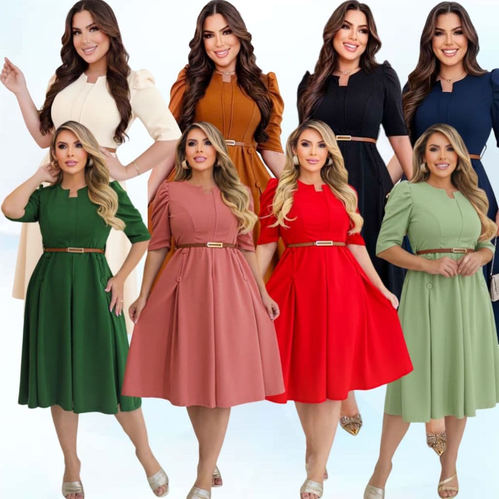 VESTIDO MIDI EM MALHA RODADO 4 BOTÕES E CINTO; MODA EVANGELICA MODA CRISTÃ CONGRESSO CULTO PLUS SIZE