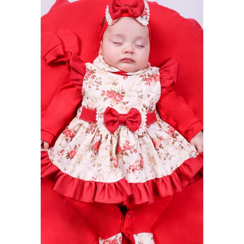 Saída Maternidade Menina Pompom Vermelha 05 Peças Roupa de Bebê Menina
