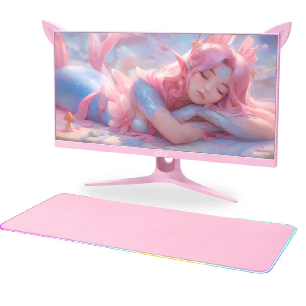 Kit Gamer Rosa Monitor 27" IPS Full HD 1ms 100Hz AMD Alto-falante HDMI/VGA Mousepad LED RGB 80x30cm