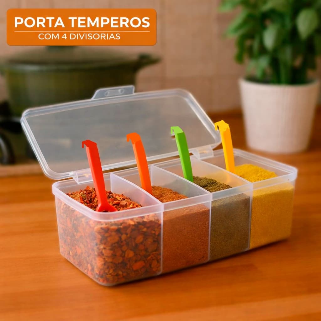 Porta Temperos 1 2 3 ou 4 Un Com 4 Colheres Pote Condimentos Organizador Divisórias Conchas