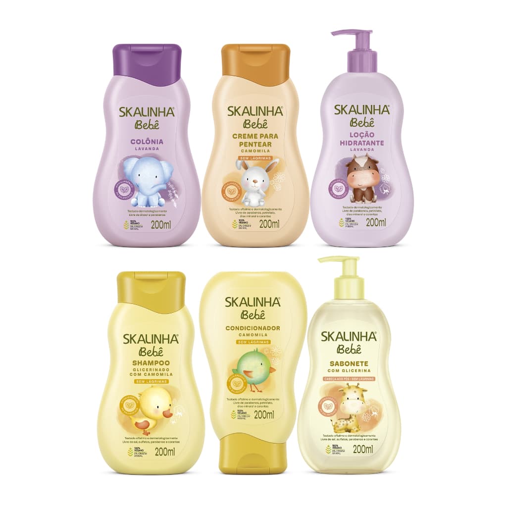 Kit Skalinha Bebê Vegano 200ml 1 Colônia 1 Shampoo 1 Cond 1 Cr Pentear 1 Sabonete Líq 1 Hidratante