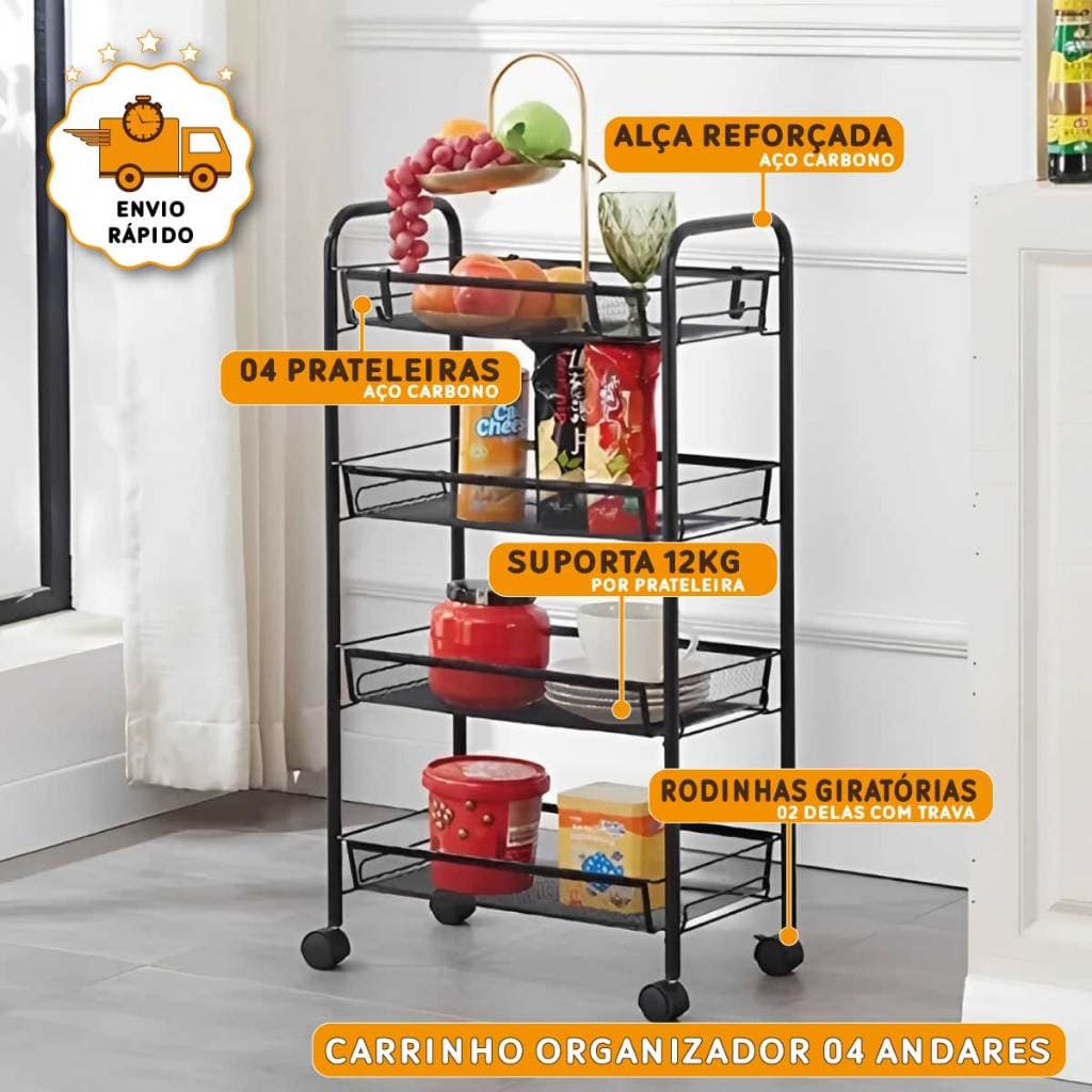 Carrinho Multiuso Organizador Escritório Fruteira Cozinha Rodinha 04 Prateleiras Banheiro Lavanderia