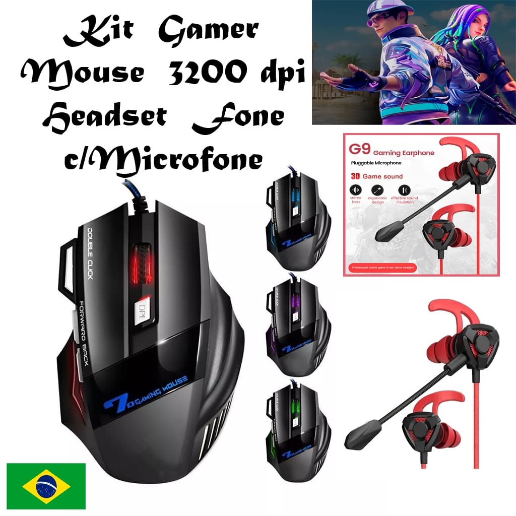 Kit Mouse Gamer 3200Dpi e Fone Headset Gamer Auricular com Microfone  Mobilador PC Notebook Celular