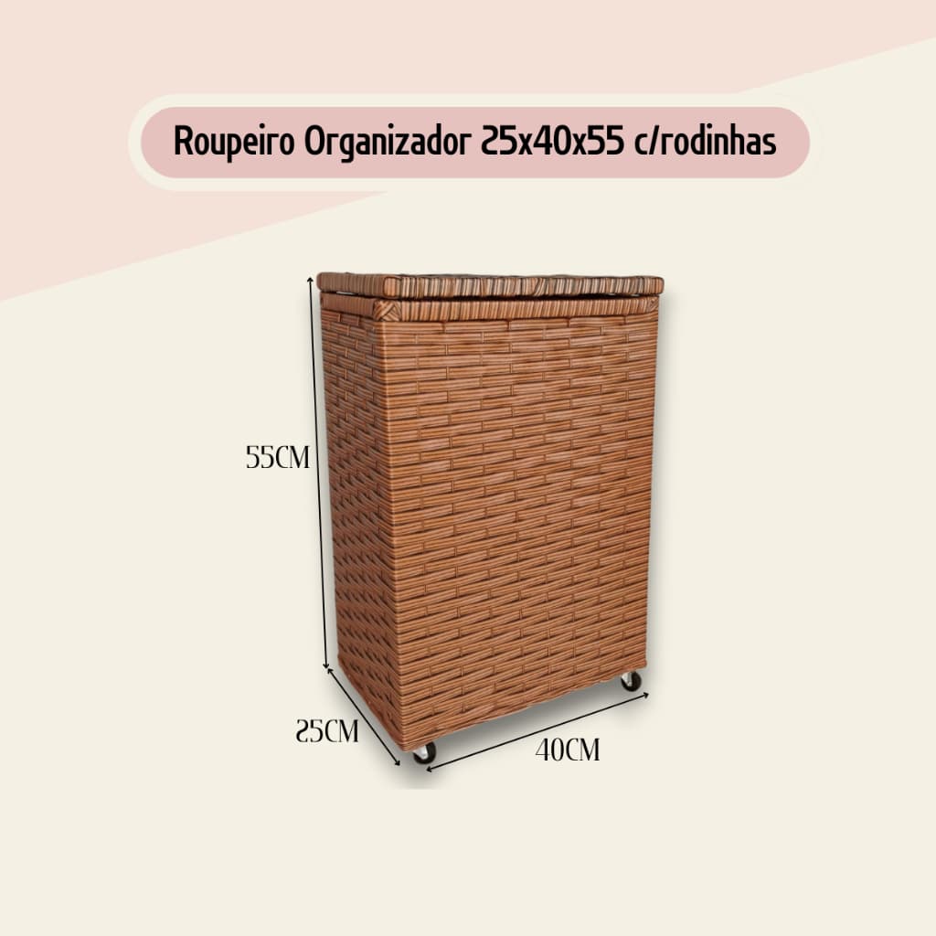 Cesto de Roupa Suja Fibra Sintética Roupeiro c/rodinhas Organizador de Brinquedos Banheiro 25x40x55