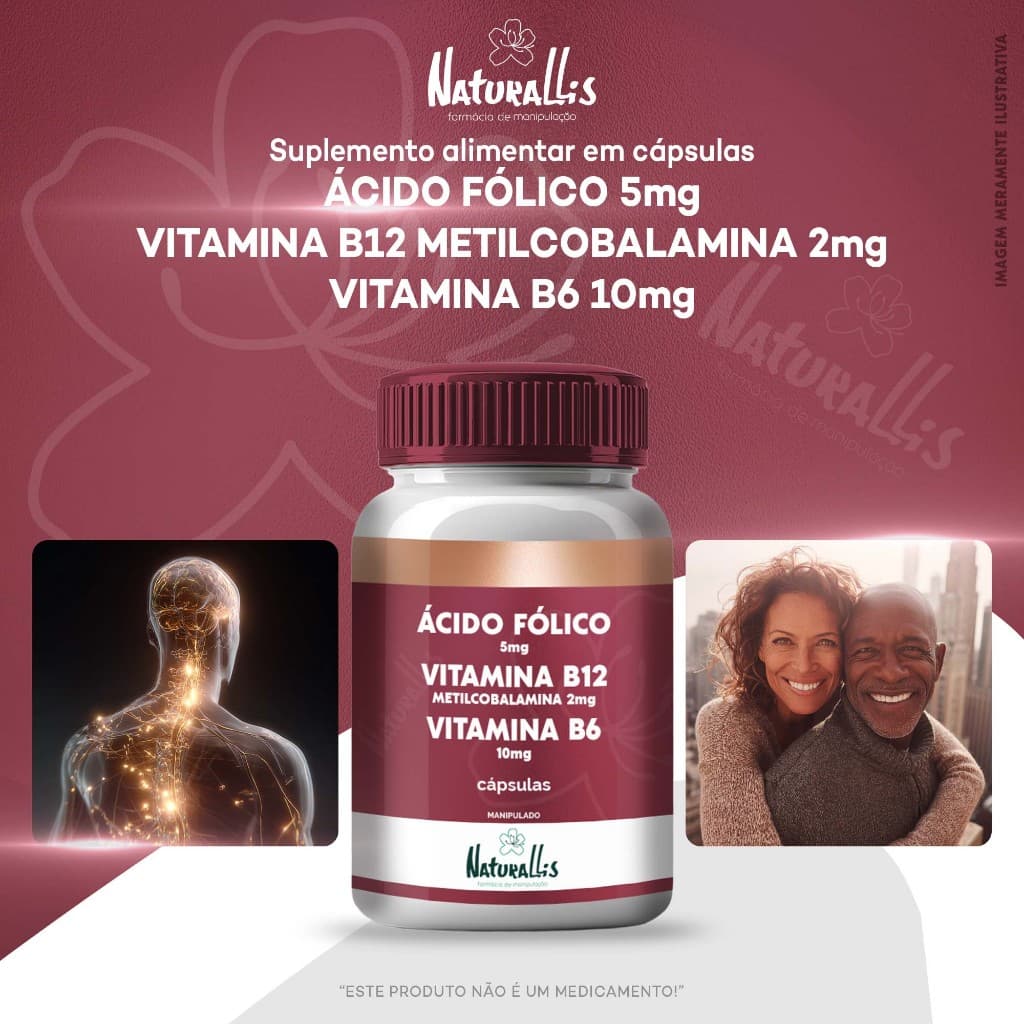 Ácido Fólico 5mg + Vitamina B12 Metilcobalamina 2mg + Vitamina B6 10mg - 30, 60, 90 ou 120 Cápsulas