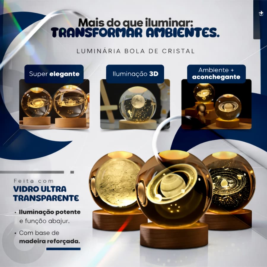 Luminária LED USB Globo de Cristal 3D 6cm Sistema Solar Lua Decoração Quarto Presente Místico