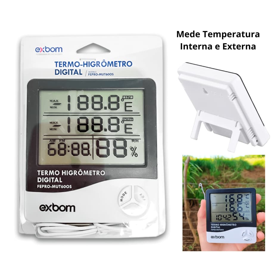 Medidor Temperatura Interna e Externa Termo-Higrômetro Digital com Sensor Com Relógio Calendário