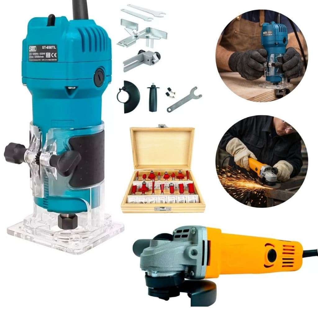 Kit 3Em1 Tupia Laminadora 650W 6mm+Esmerilhadeira 800w 115m M14 + Jogo Fresa 15 Peças ENVIO IMEDIATO