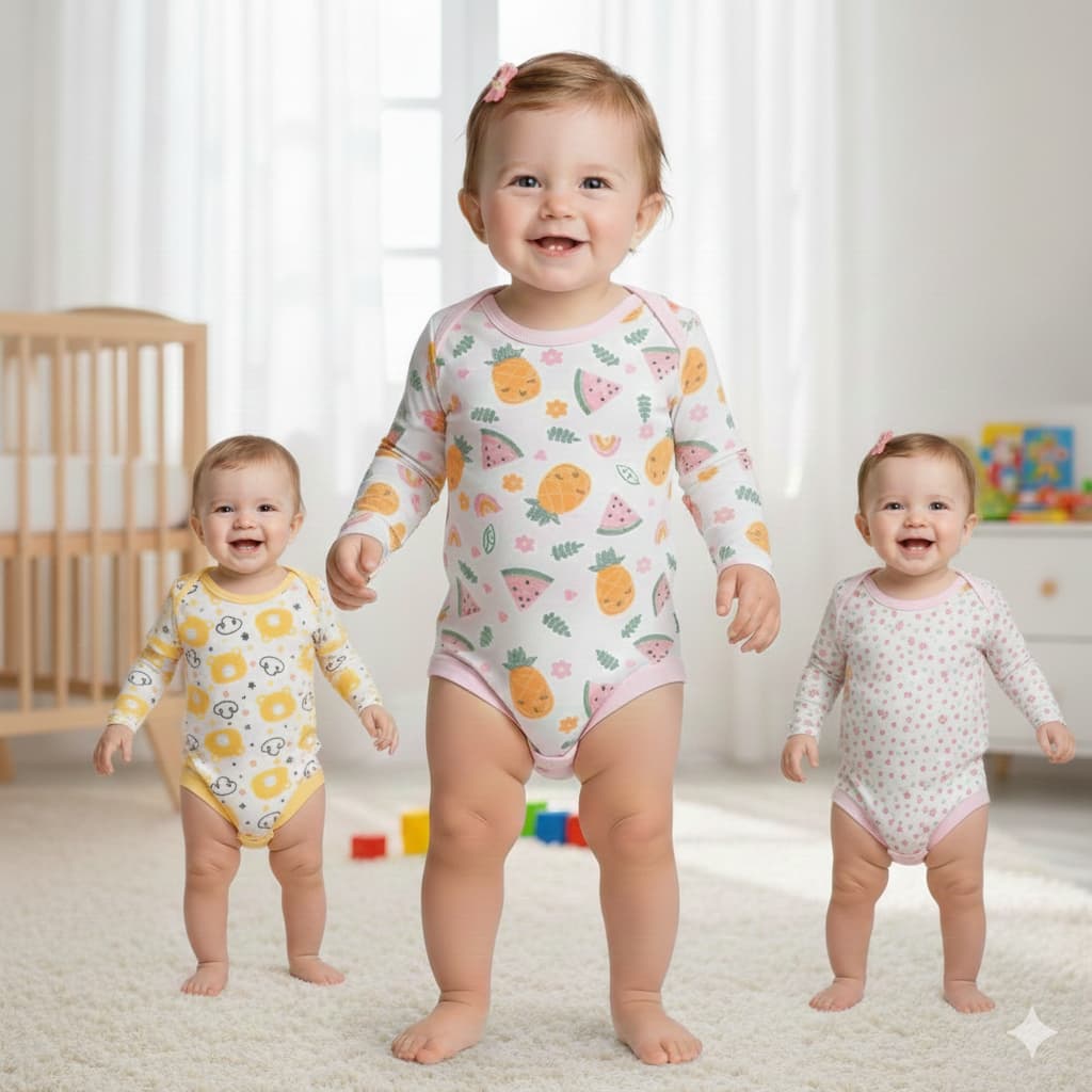 Kit 3 Peças Body Manga Longa Estampado Roupa de Bebê Enxoval RN ao G Menino Menina