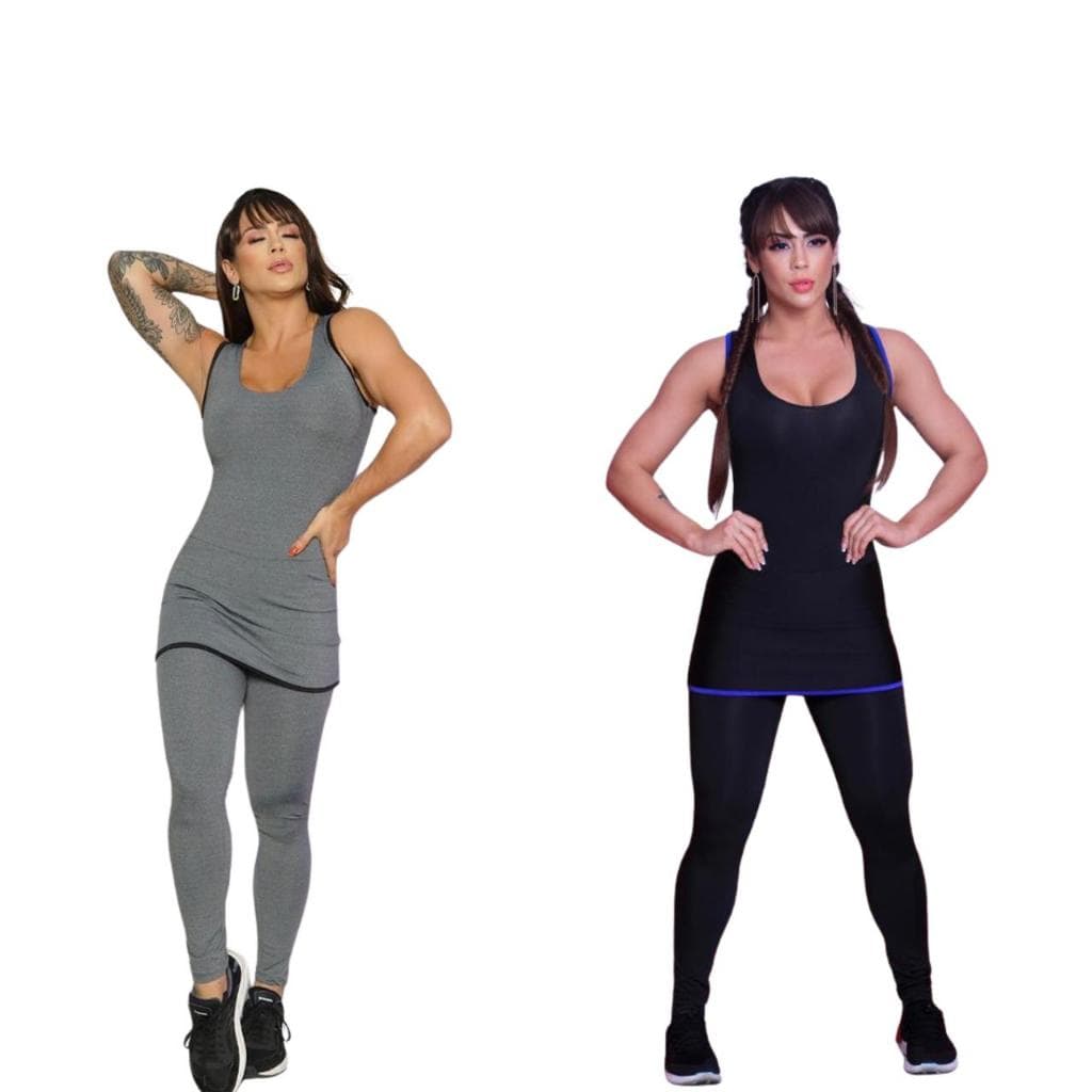 Kit 2 Macacão Macaquinho Fitness Longo com Saia Moda Academia Suplex Confortável Roupa Feminina para Malhar