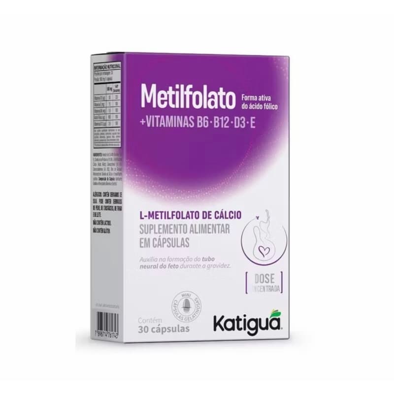 Metilfolato + Vitamina D3 + Vitamina B12 + Vitamina B6 + Ácido Fólico + Vitamina E 500mg 30 Cápsulas Katiguá