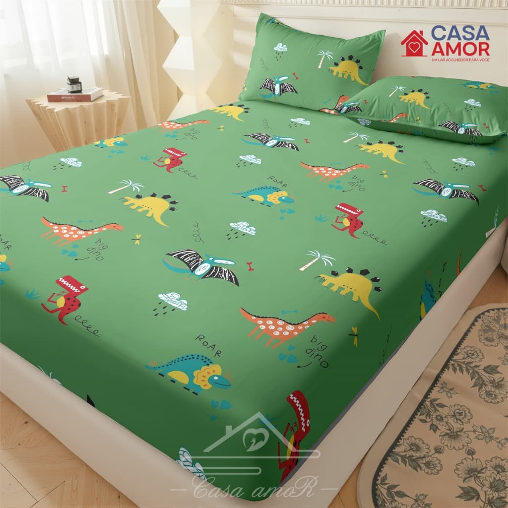 Jogo De Lençol Dinossauro 03 Peças SOLTEIRO/ CASAL/ QUEEN Micro percal  Estampado