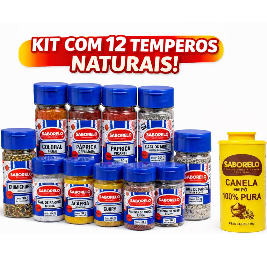 Kit com 12 Temperos de Potinho Gourmet Premium | Saborelo - Condimentos e Especiarias Naturais - Envio Rápido