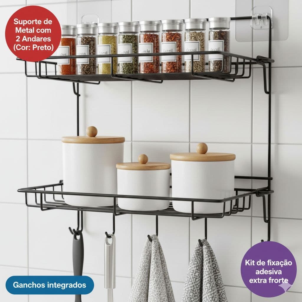 Porta temperos e talheres Organizador Cozinha Suporte Multiuso 2 Andares Ganchos integrados