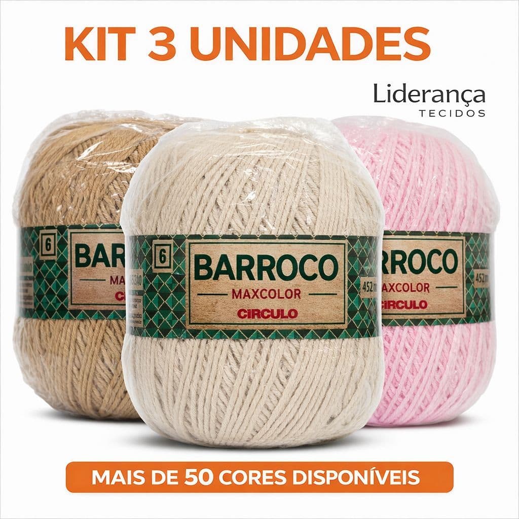 Kit 3 Unidades Barbante Barroco MaxColor Nº 6 – 200g Círculo para Crochê, Tricô e Artesanato