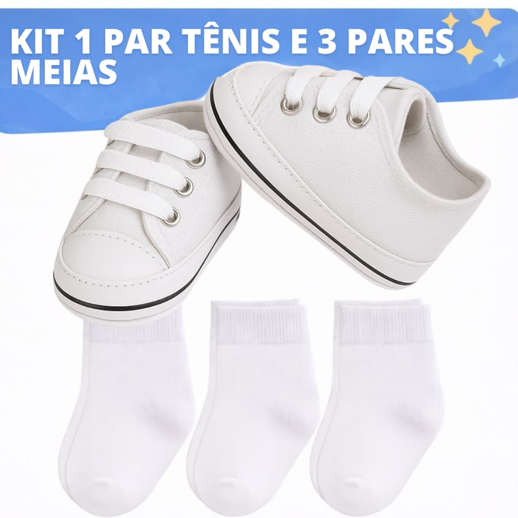 Kit 01 Par Tênis e 03 Pares Meias para Bebê Recém Nascido Enxoval Saída Maternidade Primeiros Passos