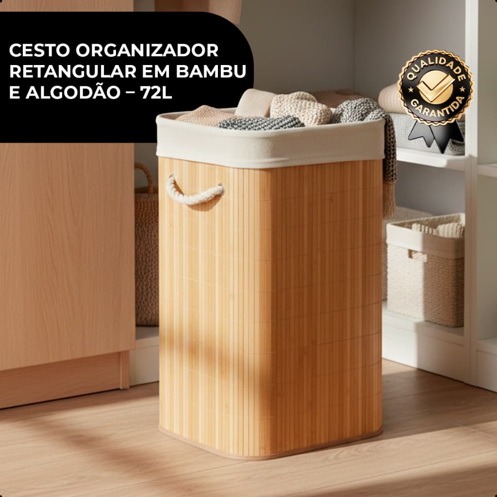Cesto Roupa Suja 70L Bambu c/ Tampa Retangular Forrado Banheiro Lavanderia, Banheiro, Quarto