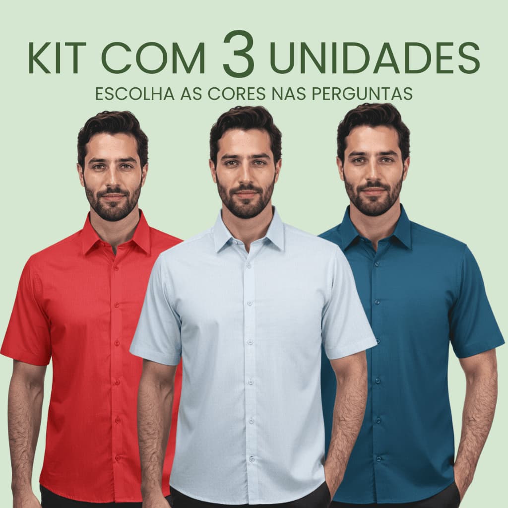 Kit 3 Camisa Social Manga Curta Elastano Slim Fit Premium Slim Masculina Elegante