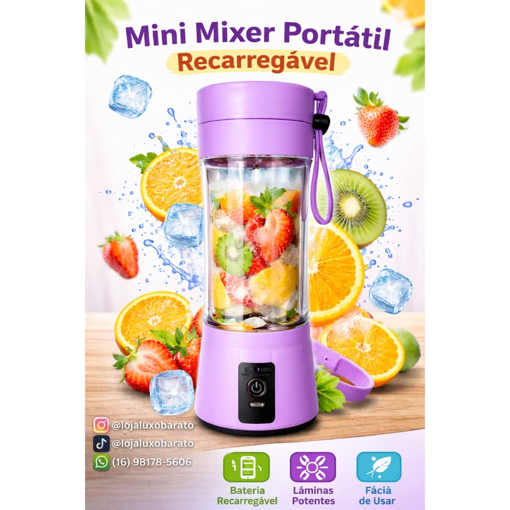 Mini Liquidificador Portátil Recarregável USB 380ml - 6 Lâminas Potentes