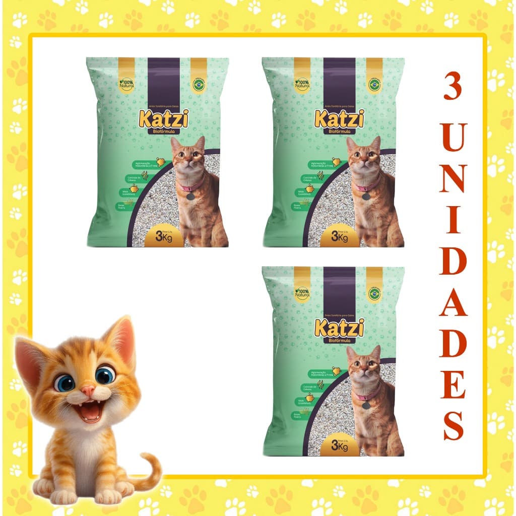 Areia Sanitária Gato Biodegradável - Katzi Biofórmula FINA (3X3=9kg)