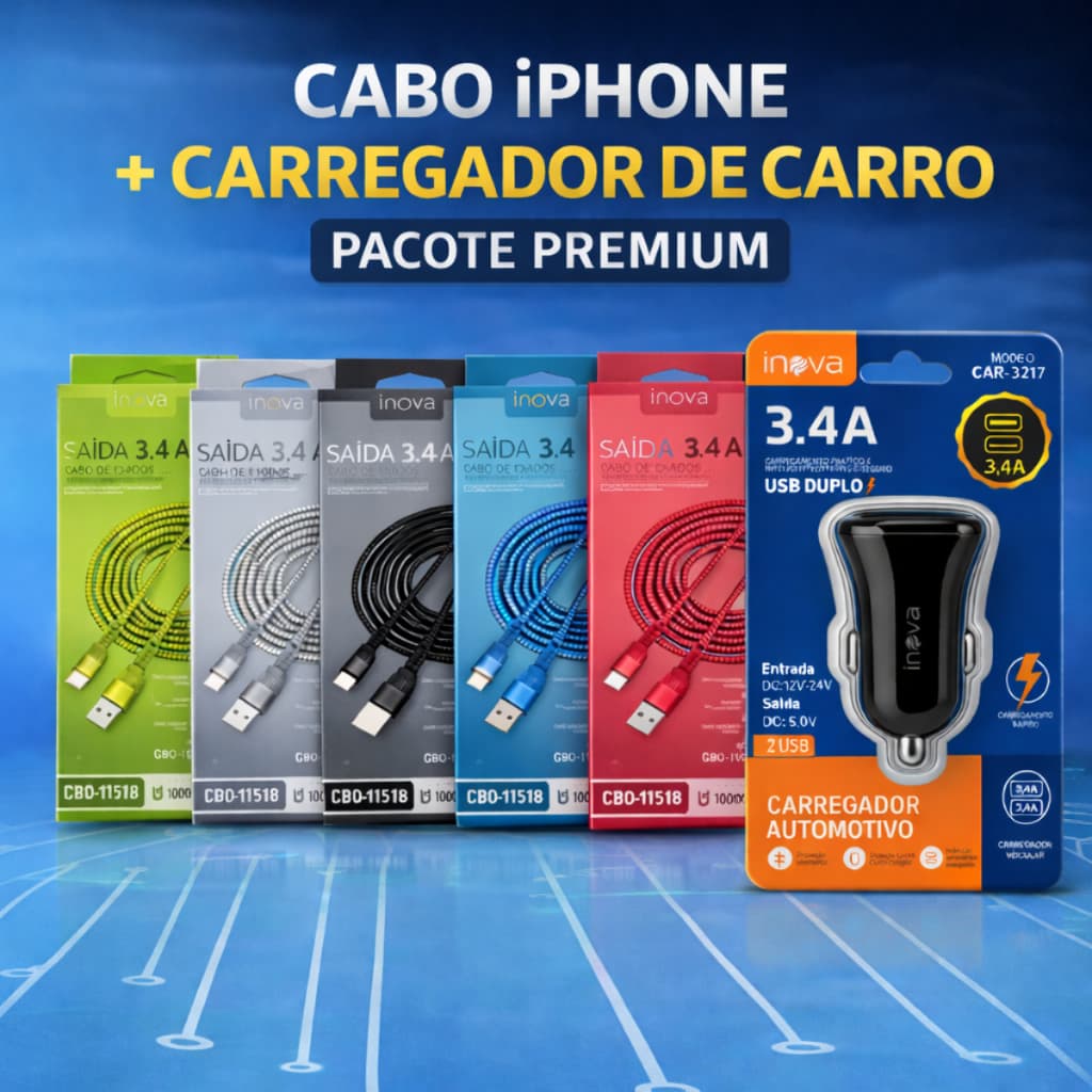 Kit Carregador iPhone Cabo Lightning + Fonte Veicular 3.4A inova carga rapida