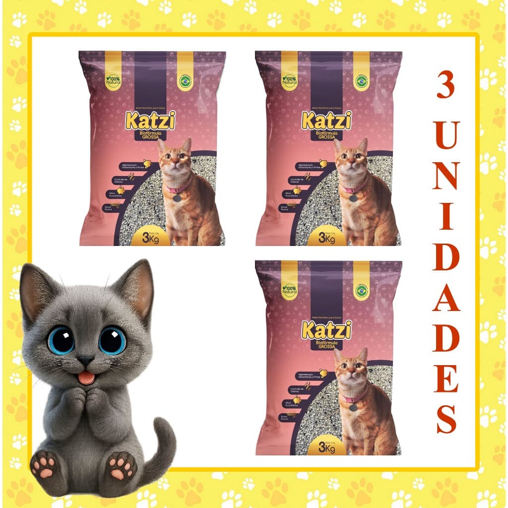 Areia Gato Sanitária Biodegradável - Katzi Biofórmula Grossa 3kg (3X3=9KG)