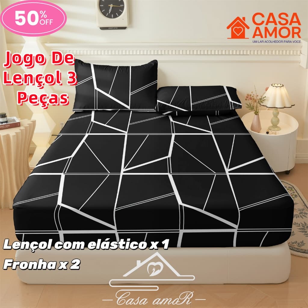 Jogo De Lençol Listras em preto e branco 03 Peças SOLTEIRO/ CASAL /QUEEN Percal  Estampado