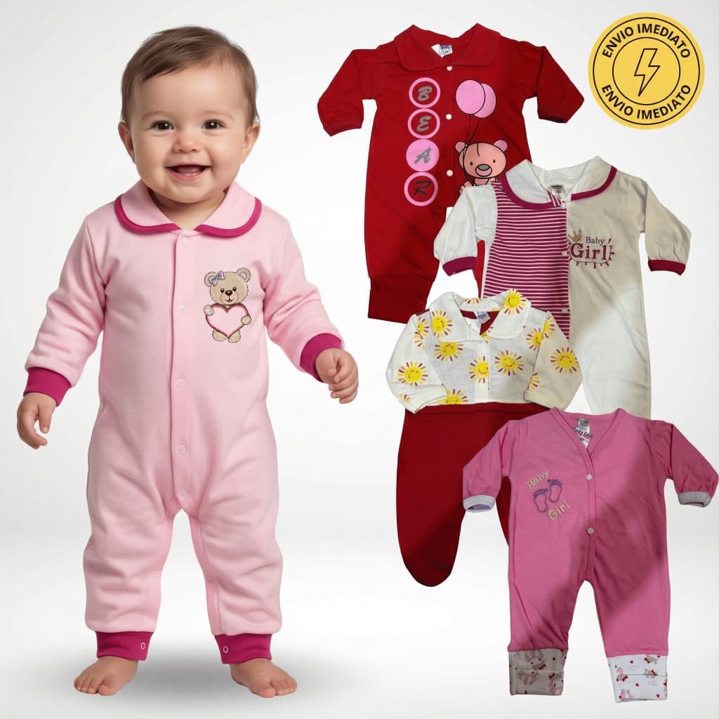 Kit 4 Macacão Menina Bebê Estampado Algodão Vira Pé Reversível Inverno Confortável Enxoval Macio