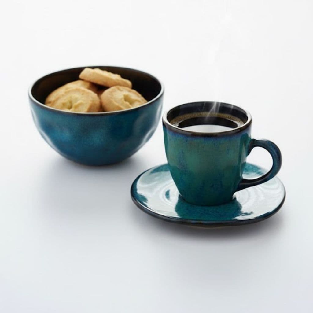 Kit Xícara de Café com Pires e Tigela Bowl Cerâmica Orgânica Texturizada Azul - Jogo 2 Peças