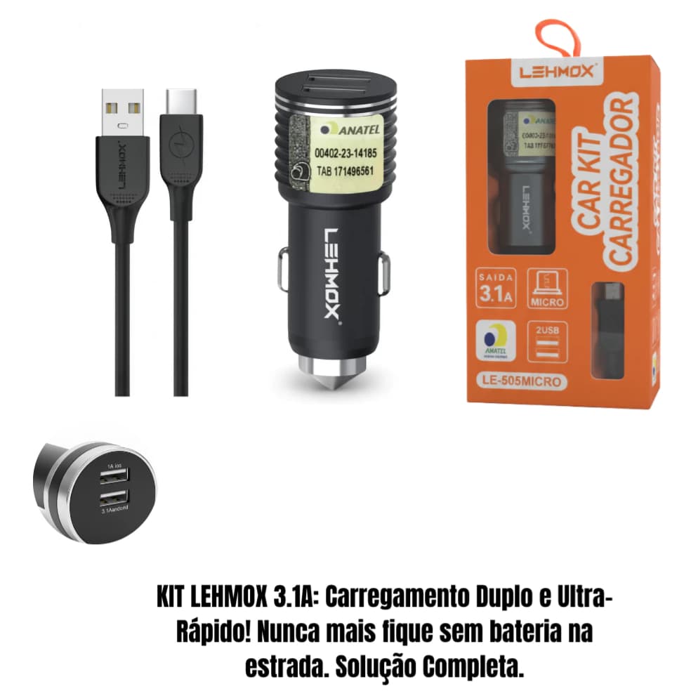 Carregador Veicular LEHMOX LE-505MICRO – 3.1A | 2 USB + Cabo Micro USB