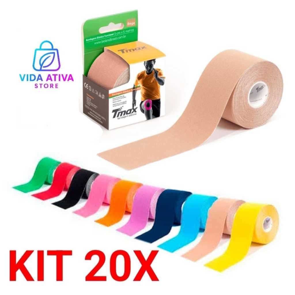 KIT 20X Vinte  Fitas Kinesio Tmax Bandagem Elástica Terapêutica 5 Cm X 5m BEGE OU (DIVERSIFICADAS) Original