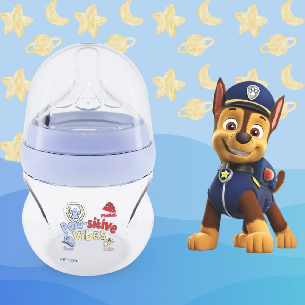 Mamadeira Bebê Anticólica 130ml com Bico Silicone Fluxo 1 e Tampa Antivazamento Patrulha Canina