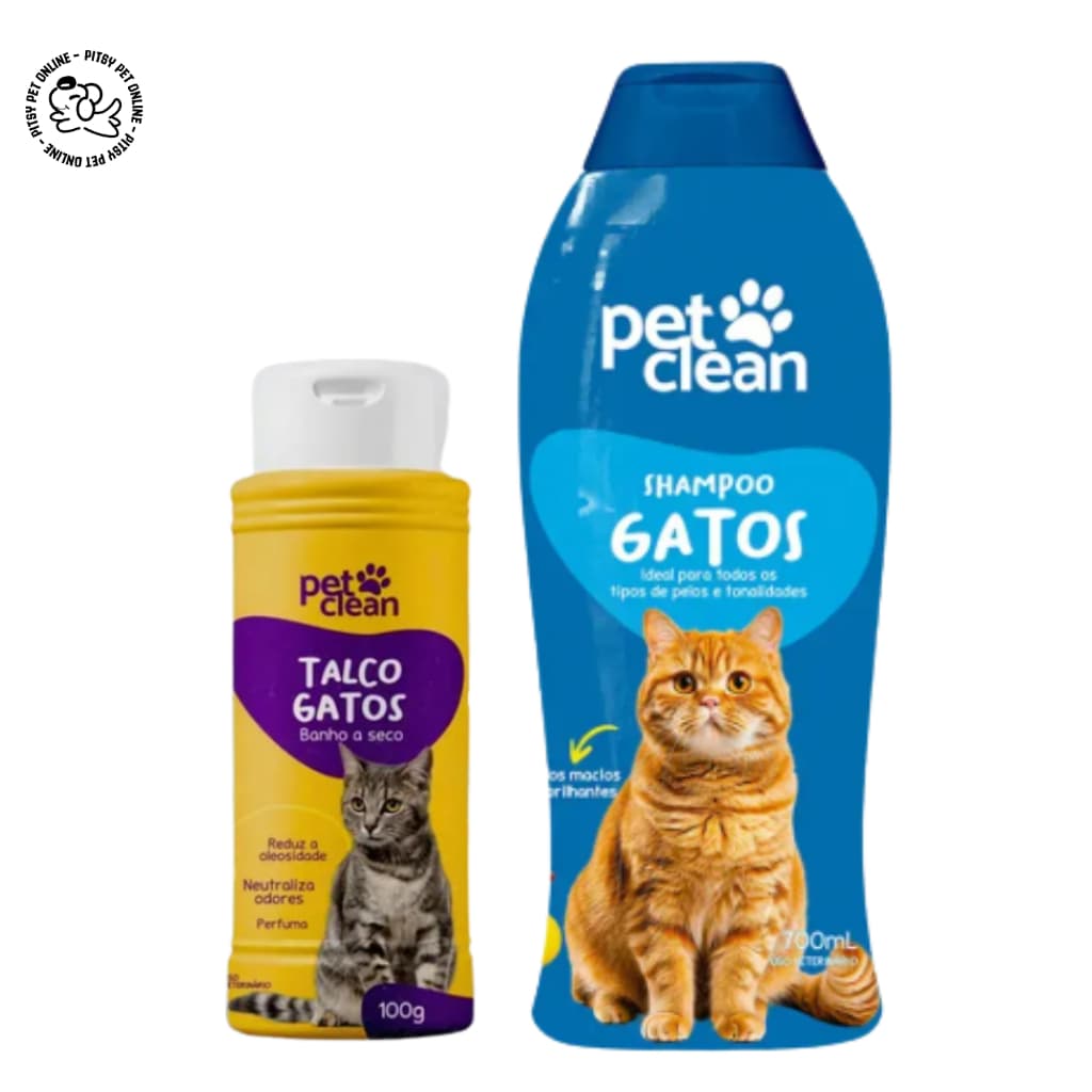 Kit Banho para Gatos - Shampoo Gatos Pet Clean+Banho a seco Talco