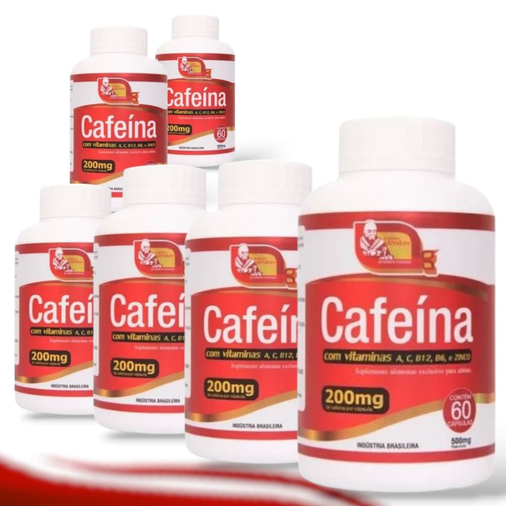 6 Cafeína Com Vitaminas A,C, B12, B6 e Zinco 200 Mg 60 Cápsulas Suplemento Devakan Energia e foco