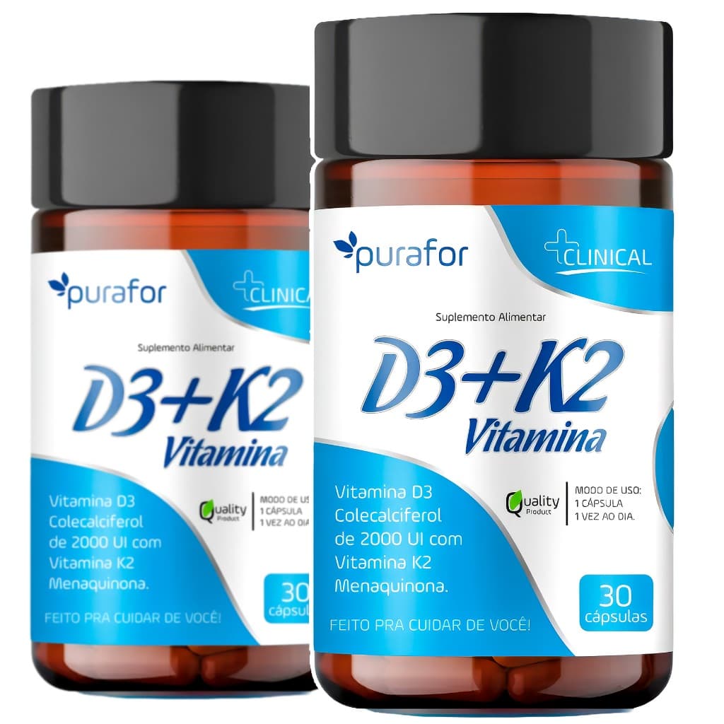2x Vitamina D3 2000 UI c/ Vitamina K2 Menaquinona 30caps Suplemento Alimentar para Uso Diario