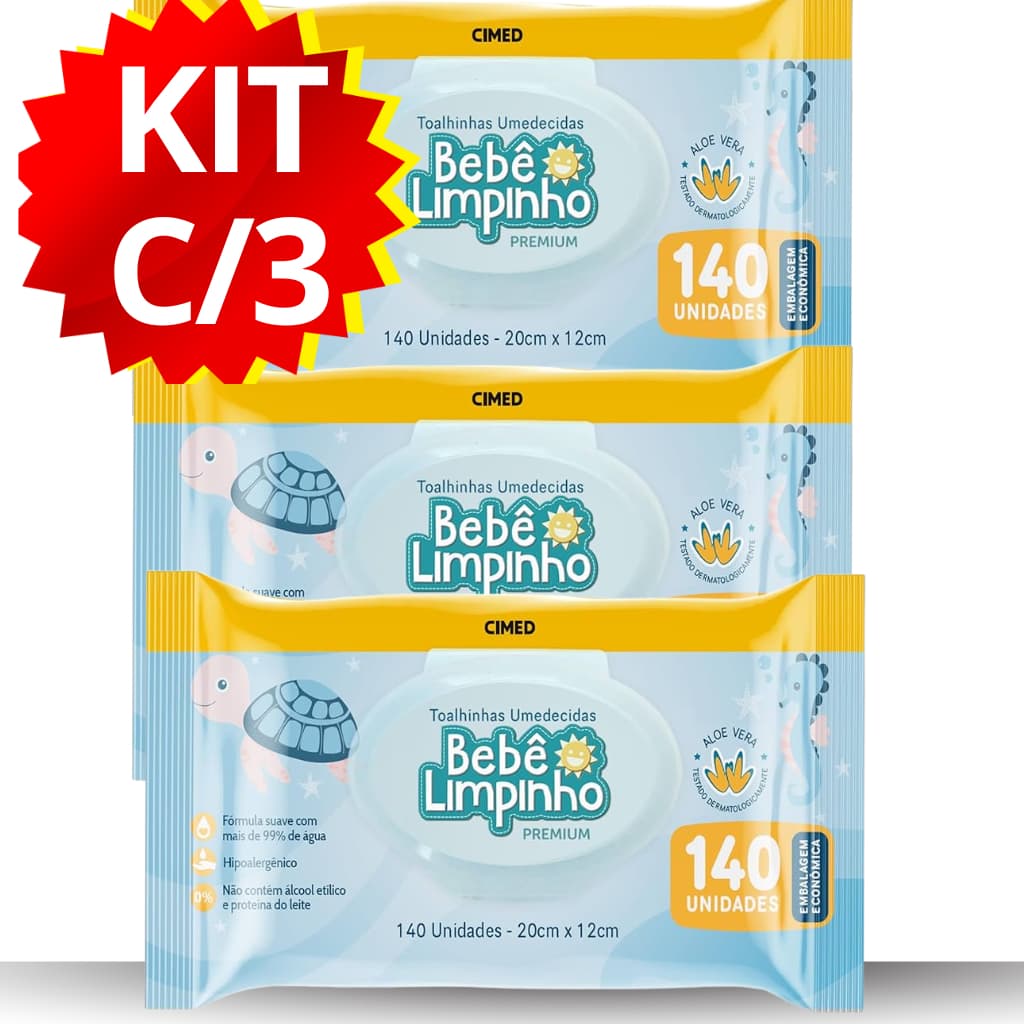 KIT COM 420 TOALHAS UMIDECIDAS BEBÊ LIMPINHO – 3 PACOTES C/ 140 CADA